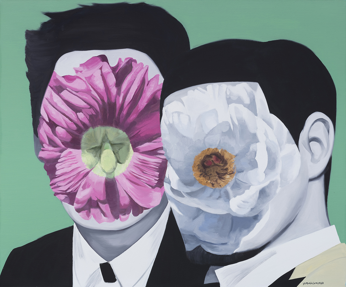 A painting of two men with a white flower on one's face and a pink flower on the other's