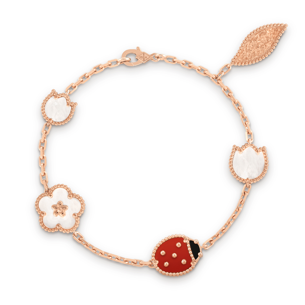 a rose gold friendship bracelet with a ladybird and flower on it