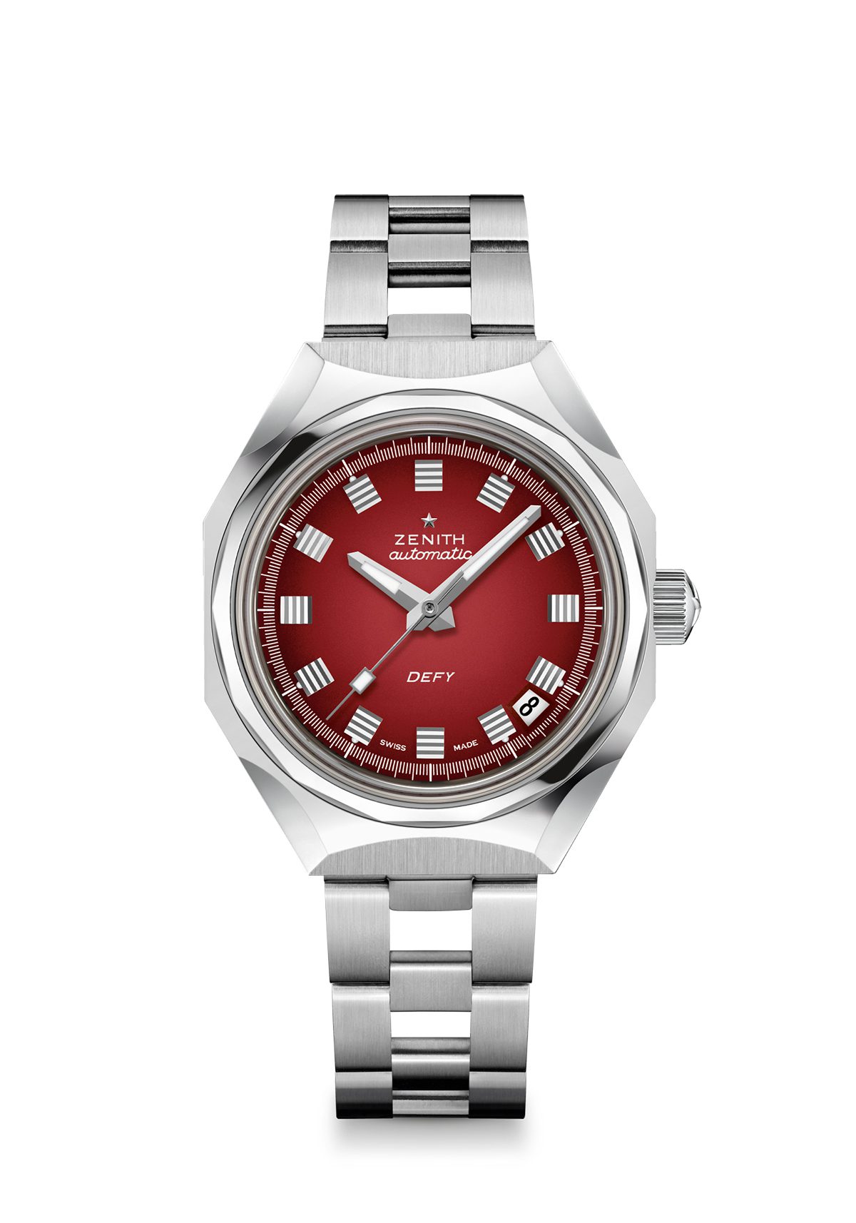 A metal watch with a red face