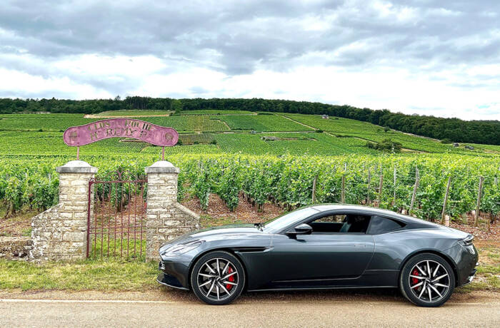 A grey sports car outside a vineyard