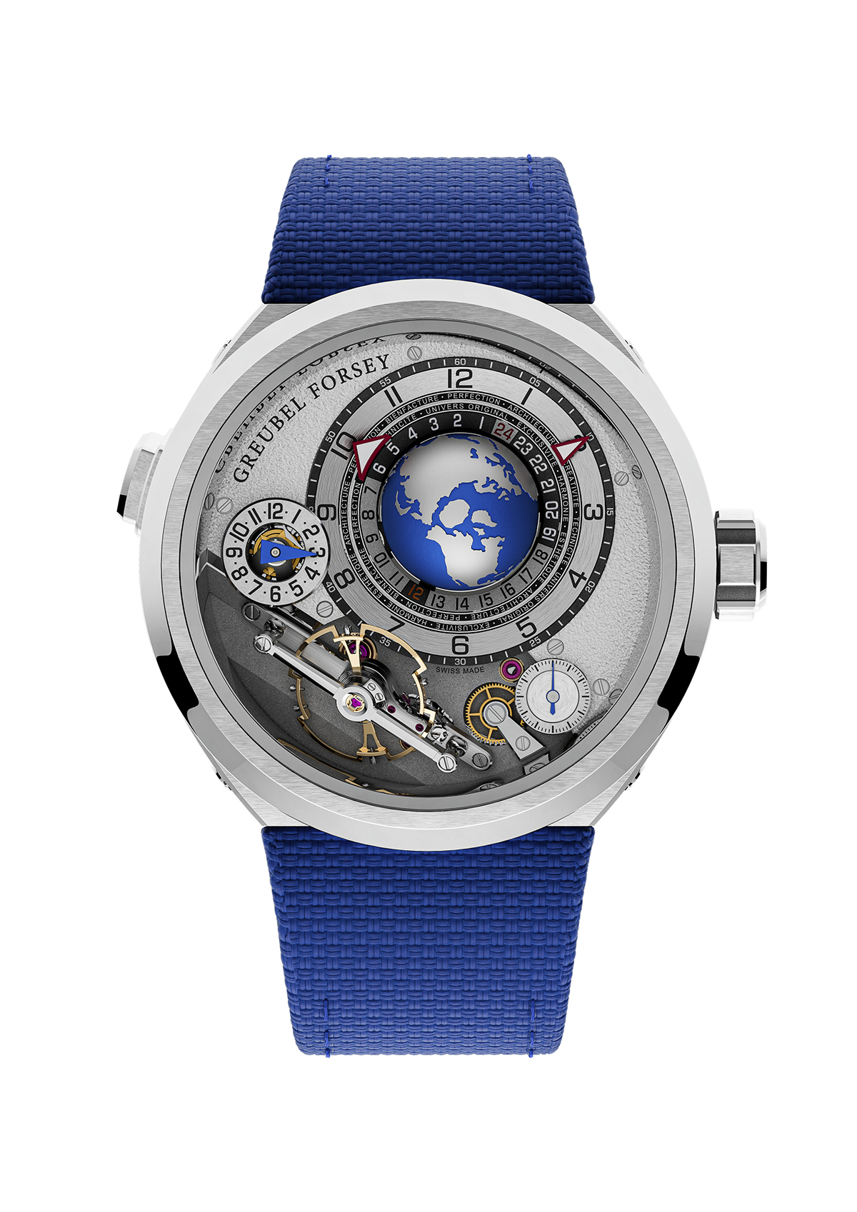 A blue strap watch with a silver face with a hint of blue