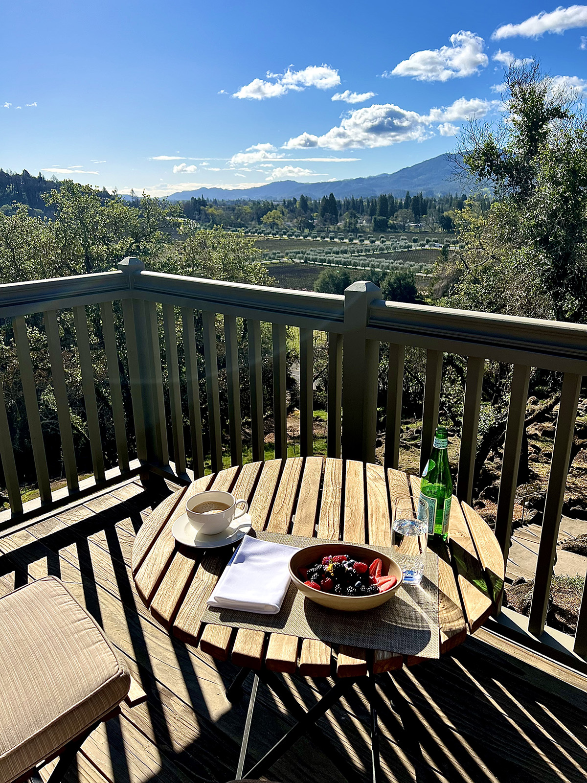 A wooden table on a terrace overlooking vineyards