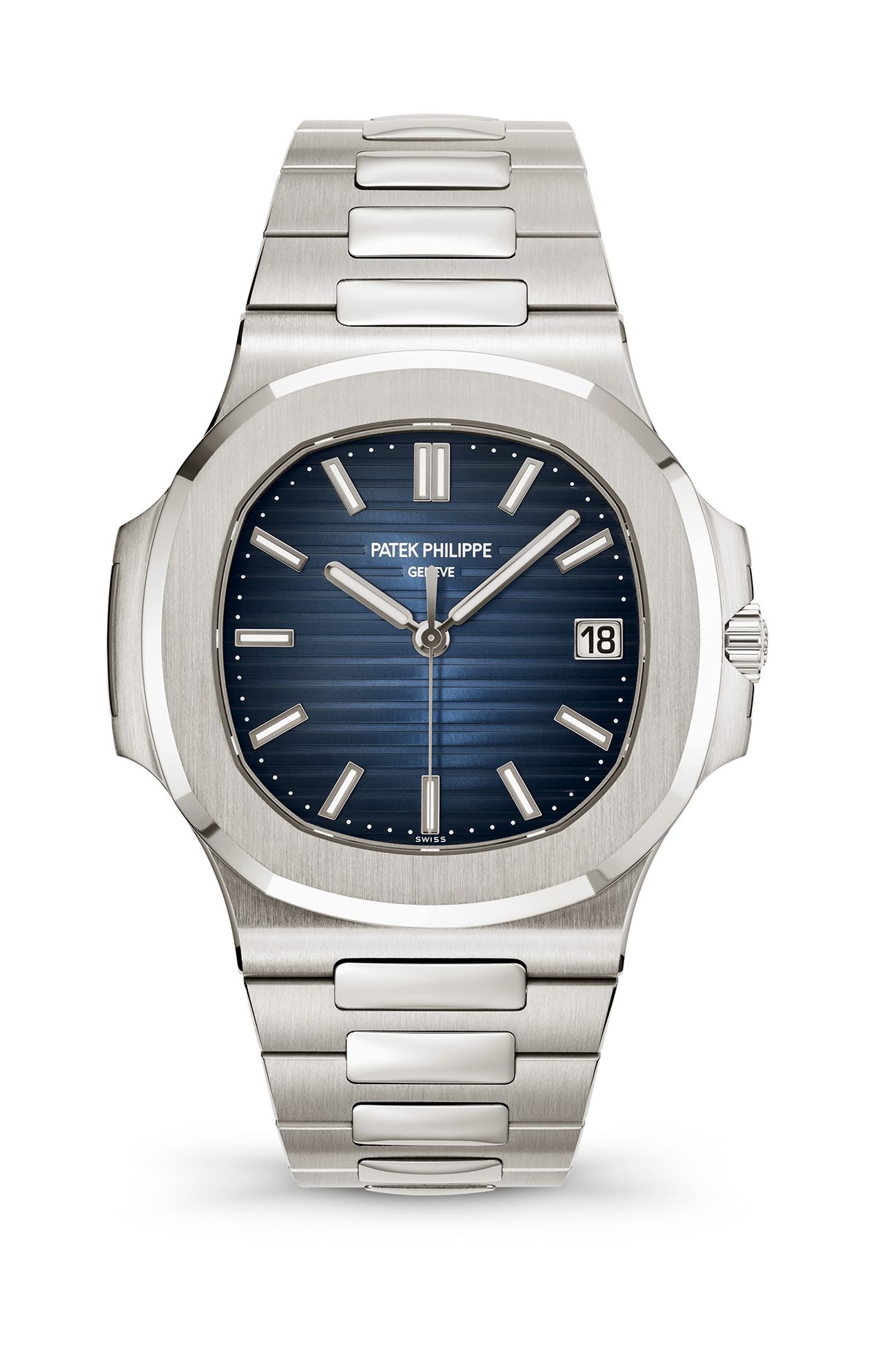 PP_5811_1G_001_SDT A silver watch with a blue square face