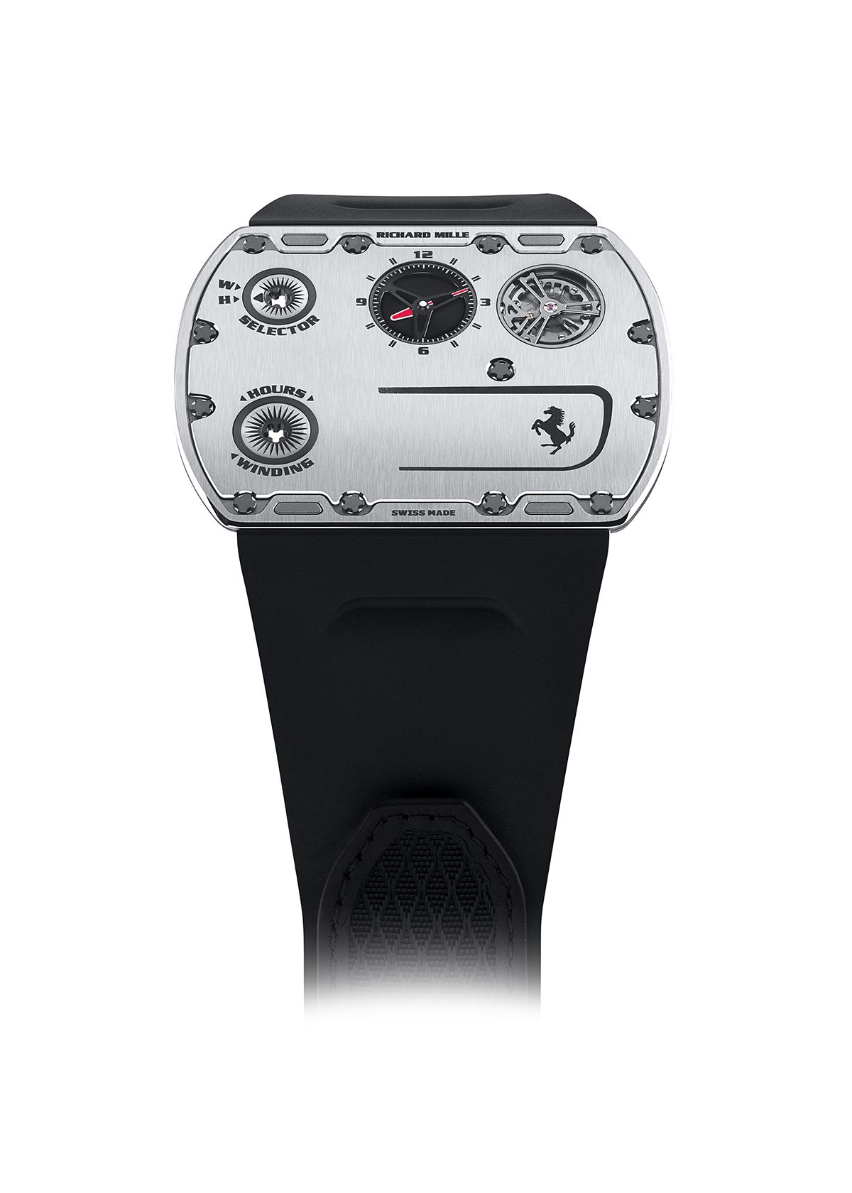 RM UP-01 FRONT UNDER A WB A black watch with a tech style silver face