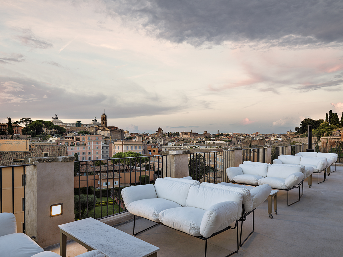 The Entr’acte terrace in Rome at dusk