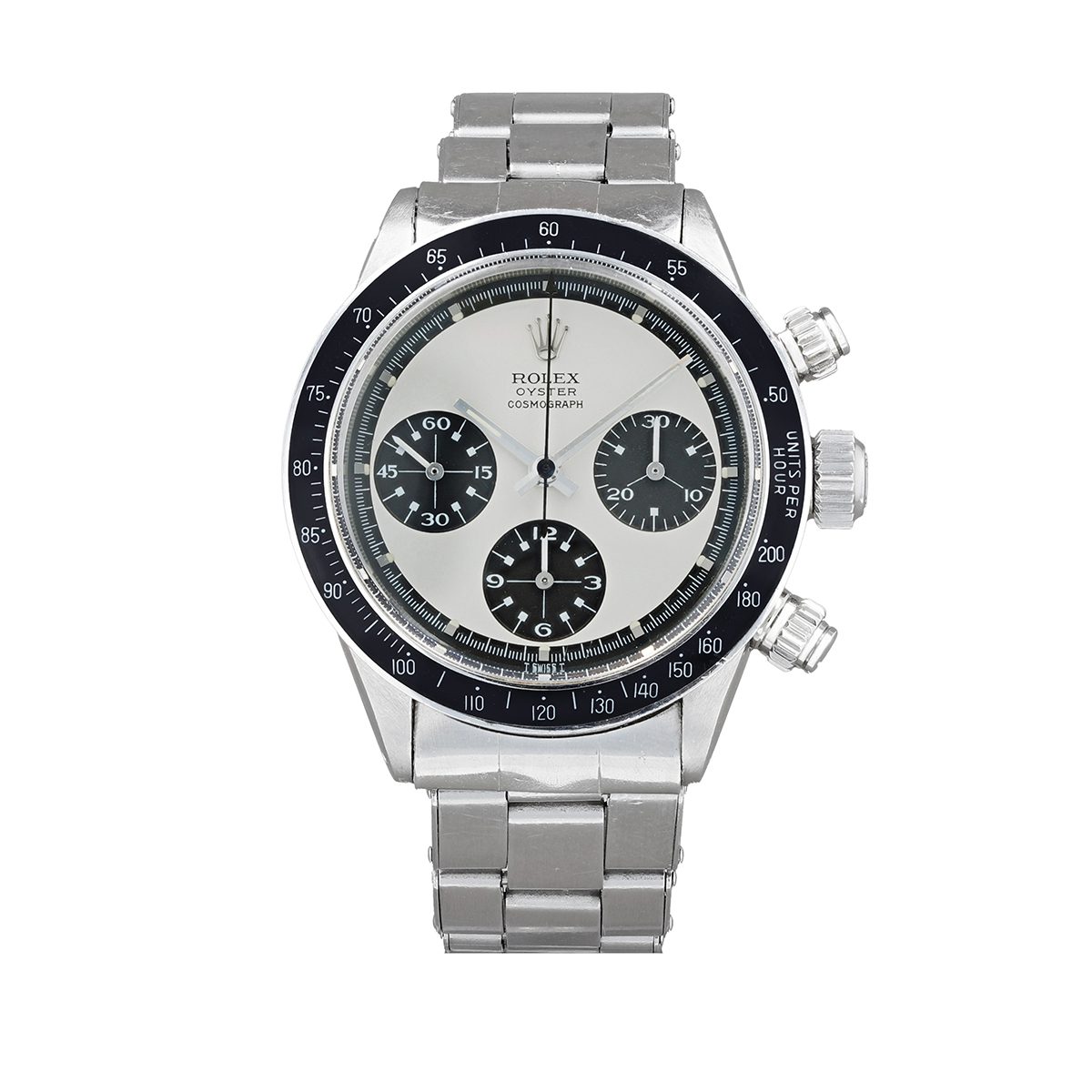 co.Rolex Daytona 'Paul Newman Panda', reference 6263 Montre bracelet chronographe en acier Stainless steel chronograph wristwatch with bracelet Vers 1971 Circa 1971 Estimate 300,000 - 500,000 EUR A silver metal watch with three black dots in the face