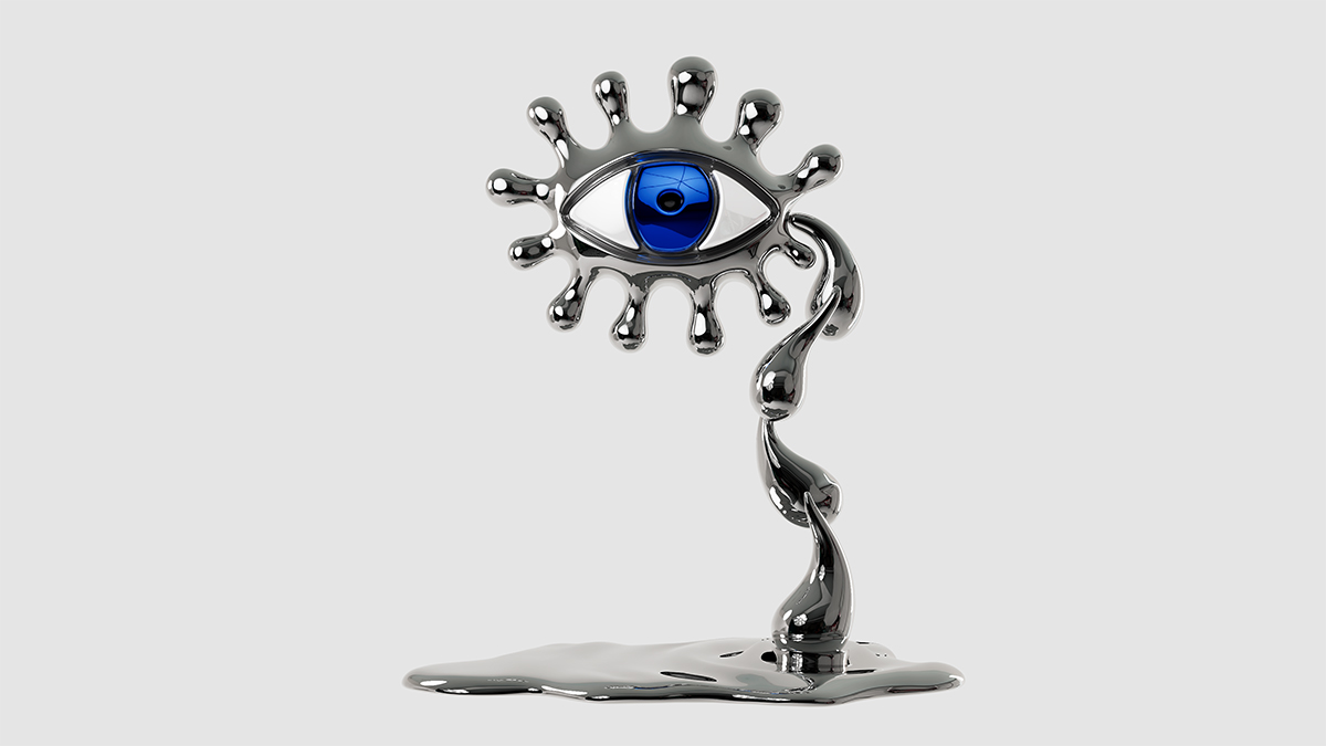 A silver statue of a blue eye
