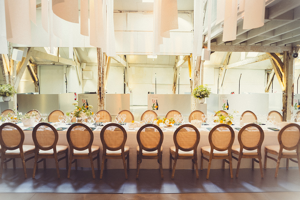 A table with yellow and wood chairs set
