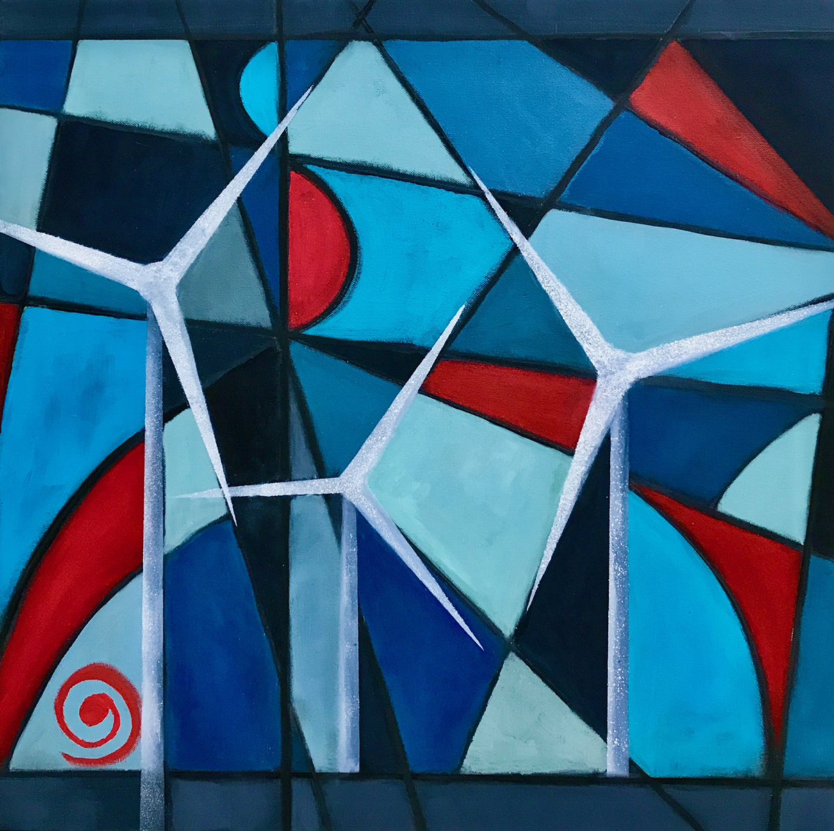 A mosaic style painting in different shades of blue and red