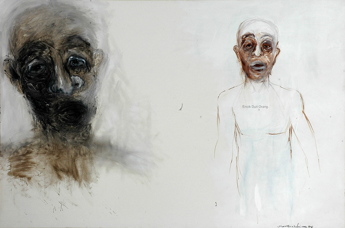 A painting of a man in a white outfit and next to it a man in darkness wearing black