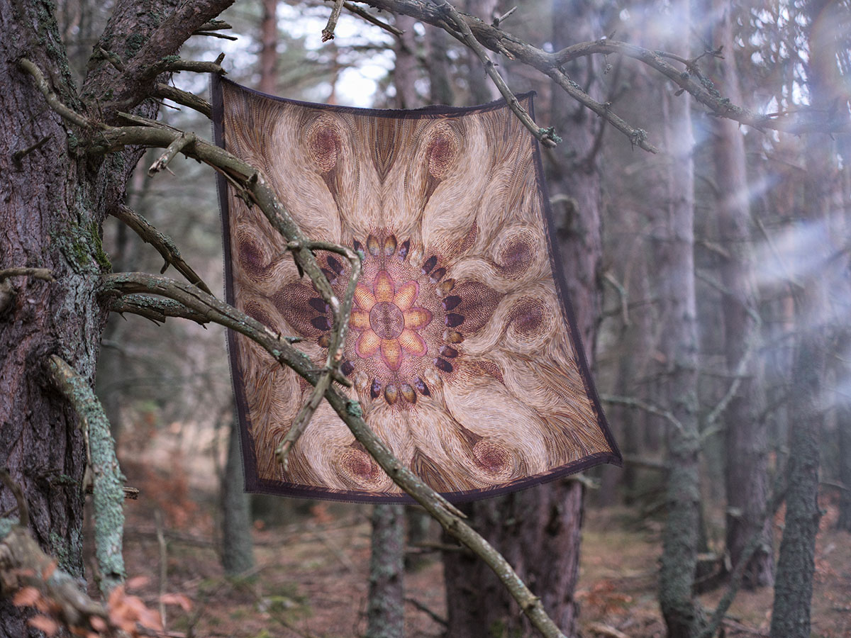 A feather print scarf hung up around trees in a forest