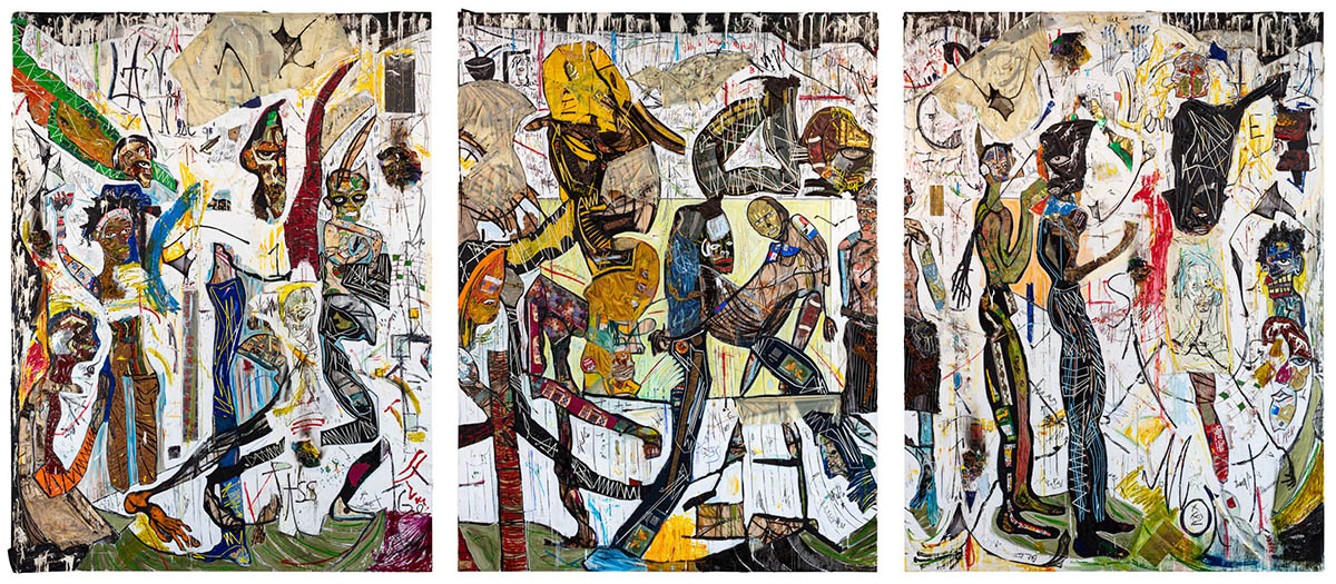 A tryptic African style painting of figures