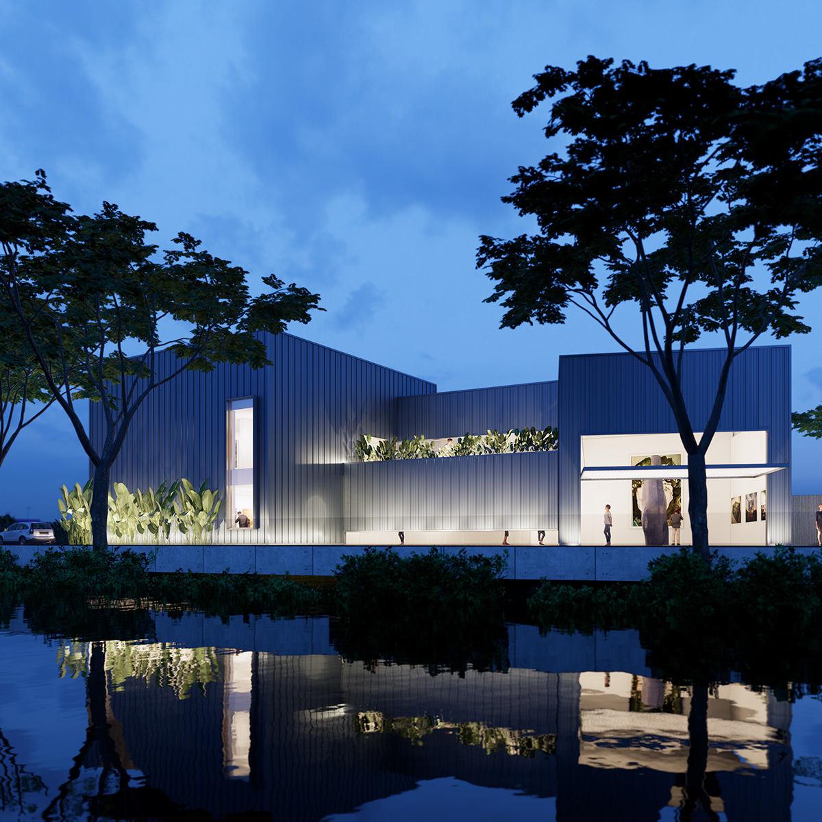 A lit up house in the evening with a pool and trees around it