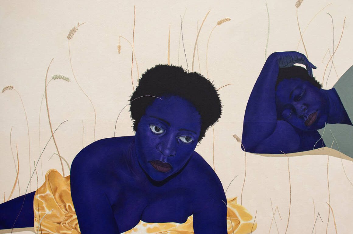 A painting of two blue people with gold around them and flowers