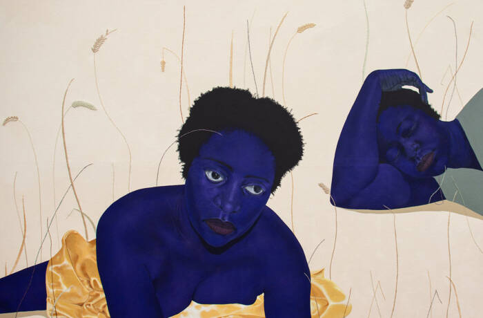 A painting of two blue people with gold around them and flowers