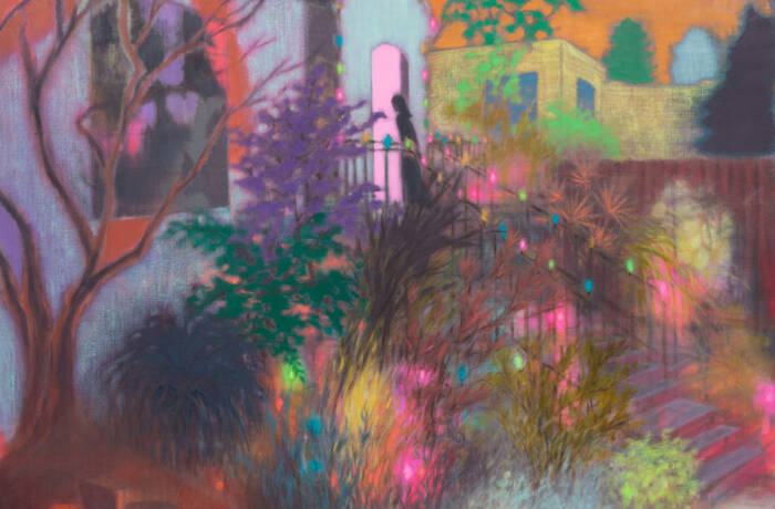 A colourful painting of a woman walking into a house