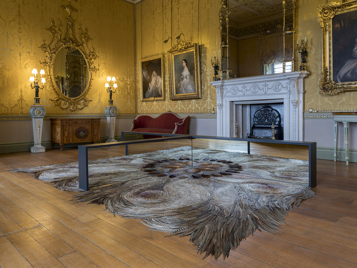 A large feather print rug under a coffee table in a drawing room