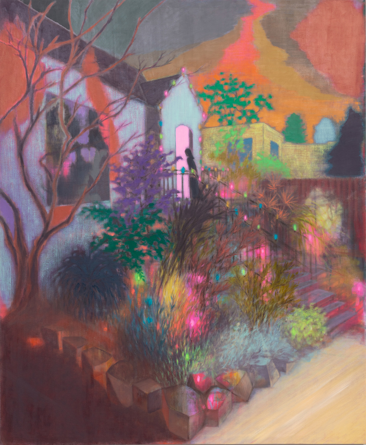 A colourful painting of a woman walking into a house
