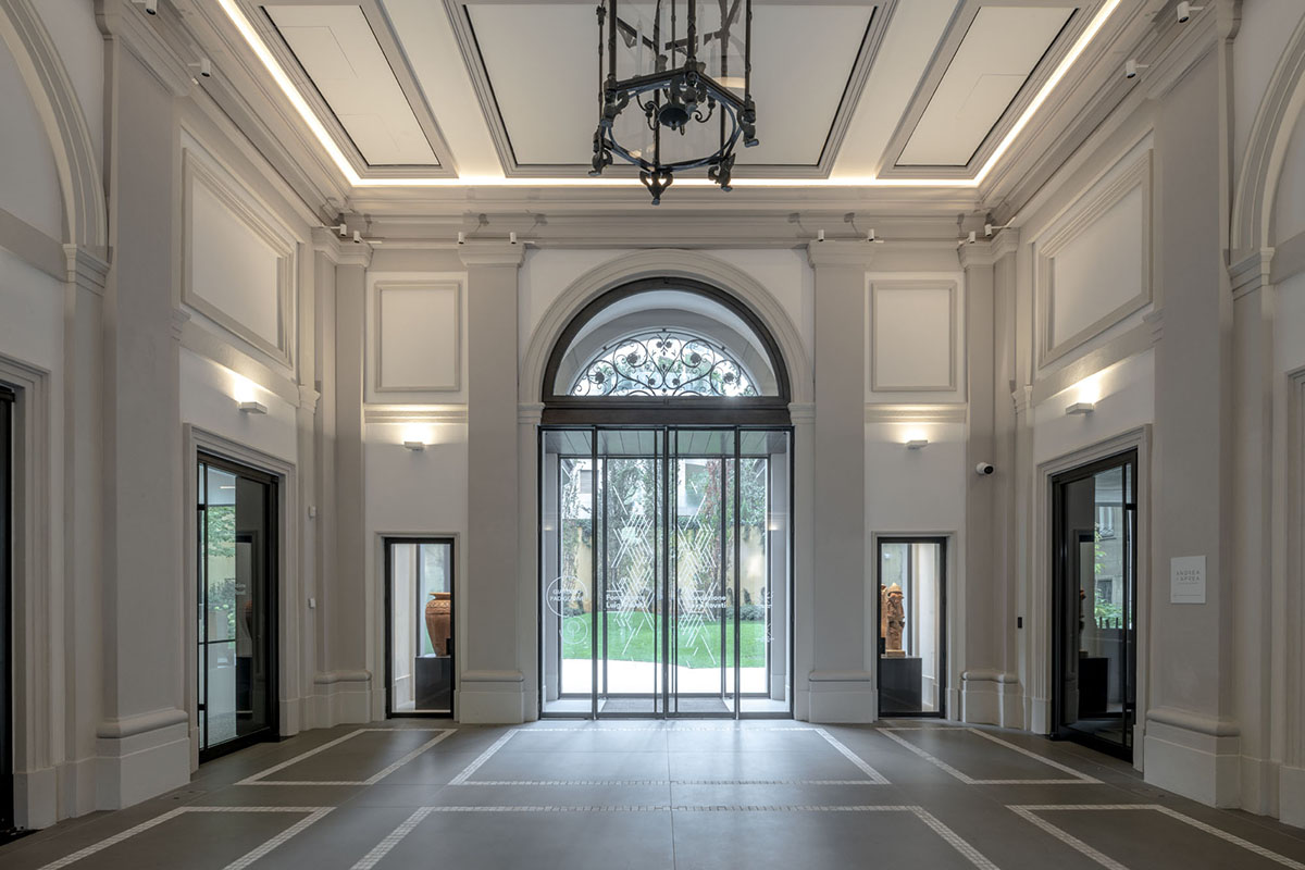 Grand hall with white walls