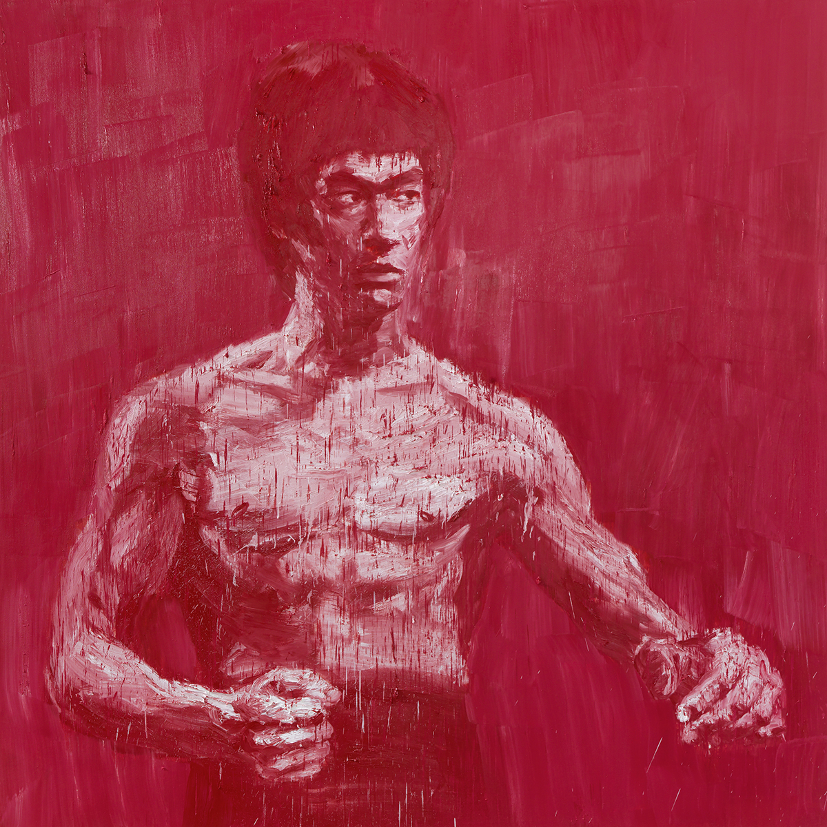 A red painting of a man boxing