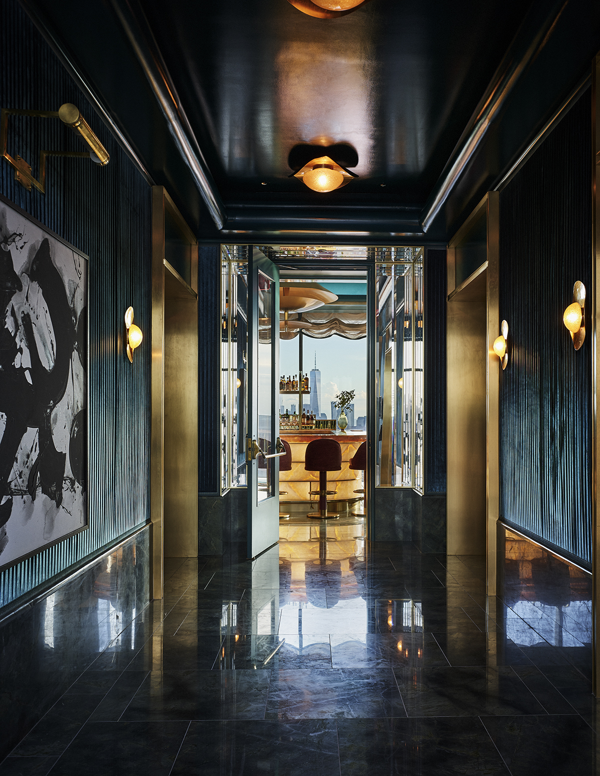 A dark green walkway to a bar overlooking the Freedom Tower in New York