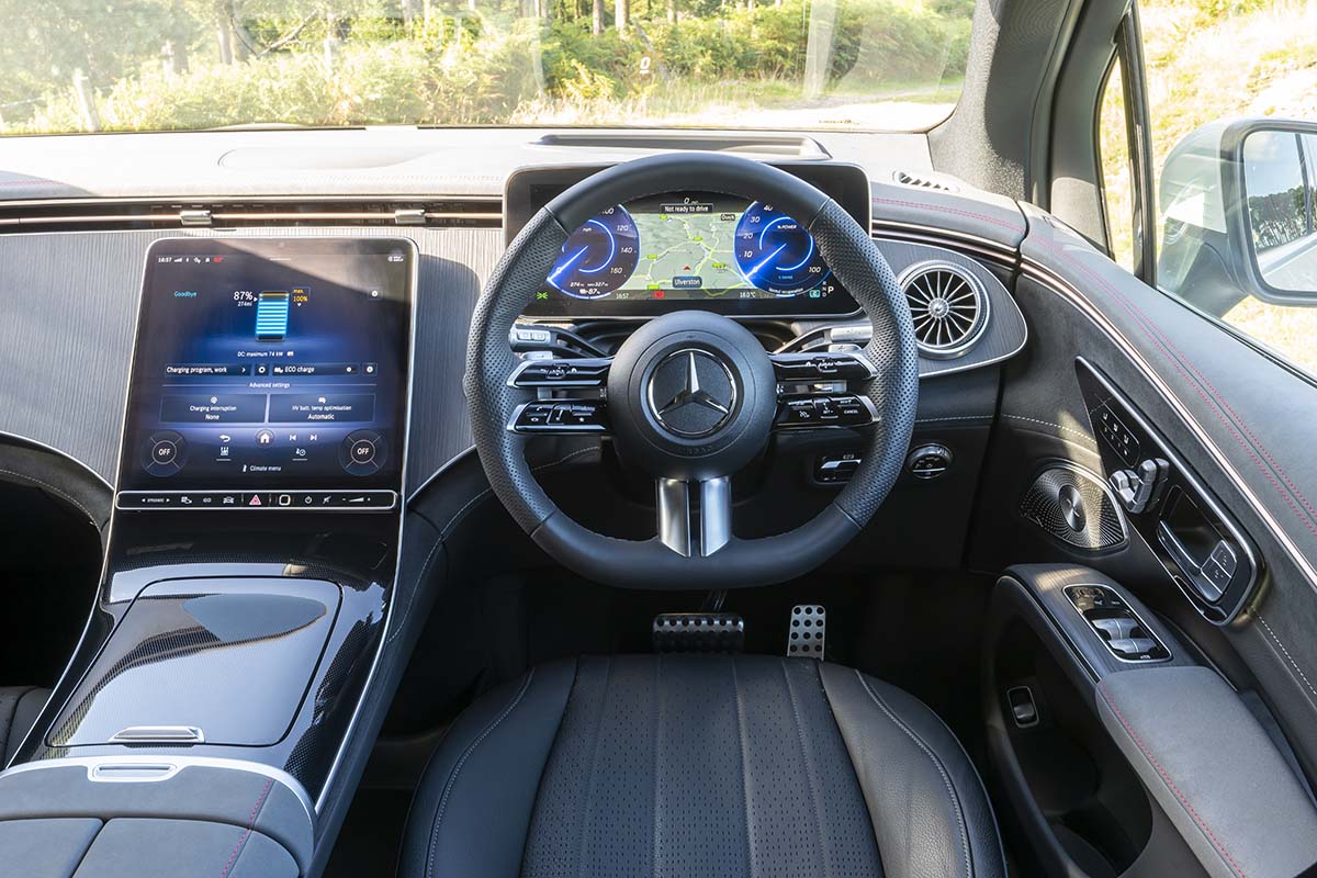 A black steering wheel and dashboard of a car