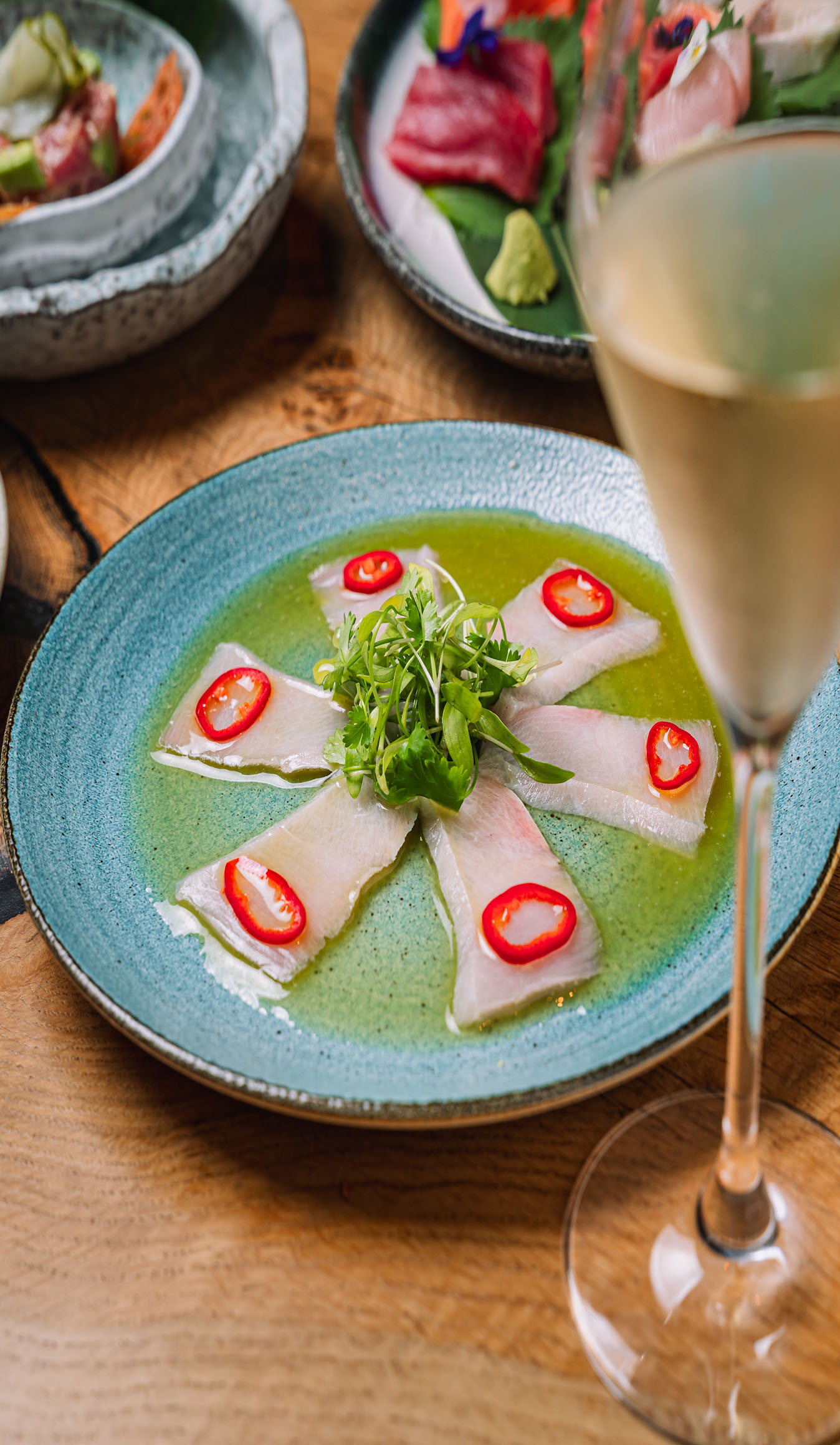 yellowtail sashimi and wine